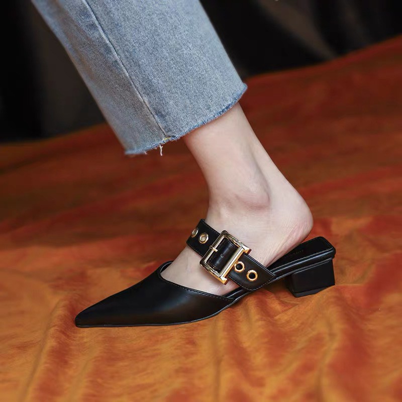 Giày Sục Thời Trang Nữ Quai Khuy Mũi Nhọn Gót Vuông 3cm Trẻ Trung Ziu.Shoess E1205