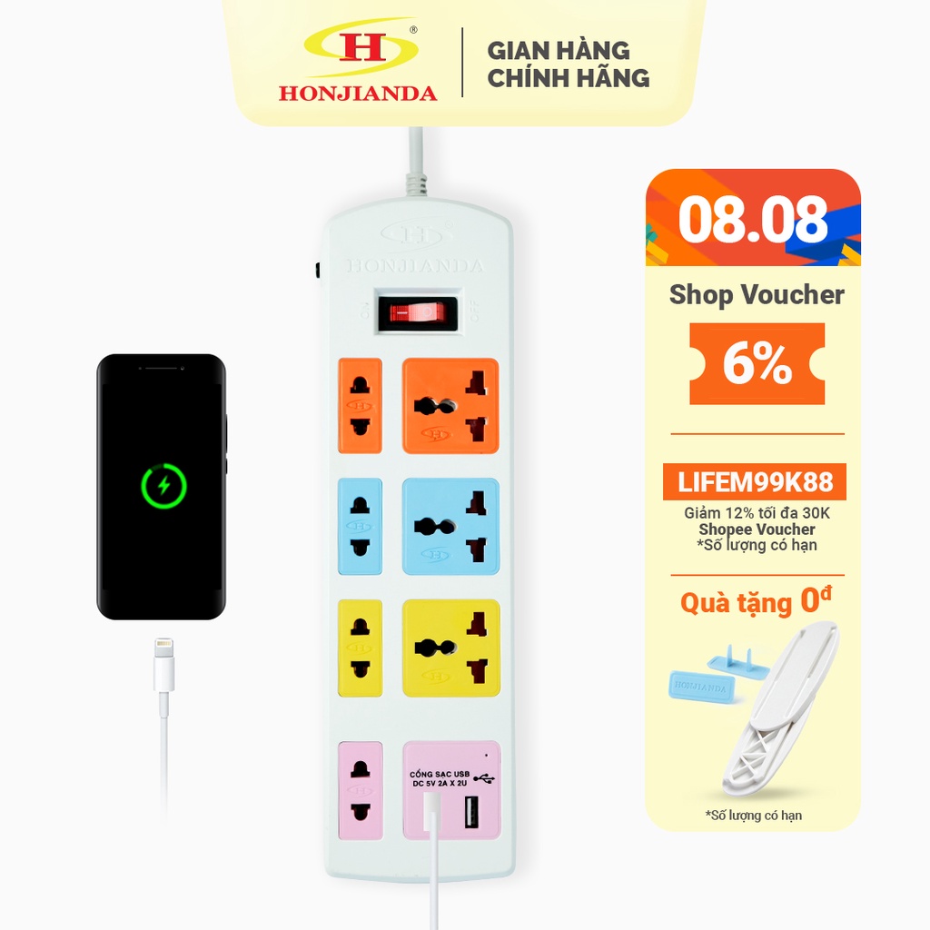 Ổ cắm điện đa năng Honjianda Có USB Mã 04 Dây 3m/5m - an toàn chống quá tải