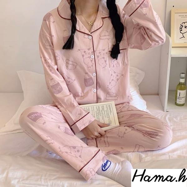 Bộ đồ nữ Pijama lụa tay dài quần dài họa tiết milk hồng mặc ở nhà mùa đông cao cấp chất dày phong cách hàn quốc-BND13