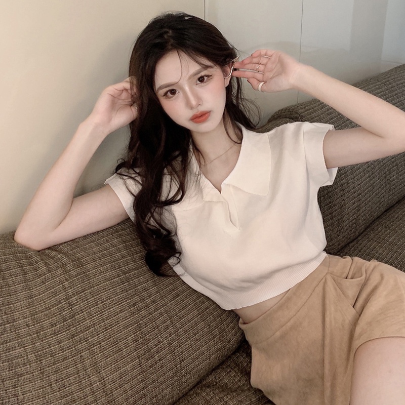 （4 Màu）Áo Thun Polo Dệt Kim Tay Ngắn Cổ Bẻ Màu Trơn Dáng Ôm Thời Trang Cho Nữ