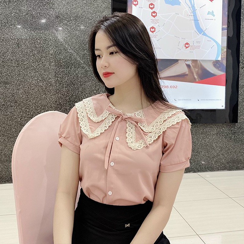 Áo Sơ Mi Nữ Kiểu Ngắn Tay Cổ Tròn Ren 2 Tầng - Màu Trắng Be Nâu Vàng Đỏ Xanh Đen Hồng - Hanlly Fashion Thời Trang - A17