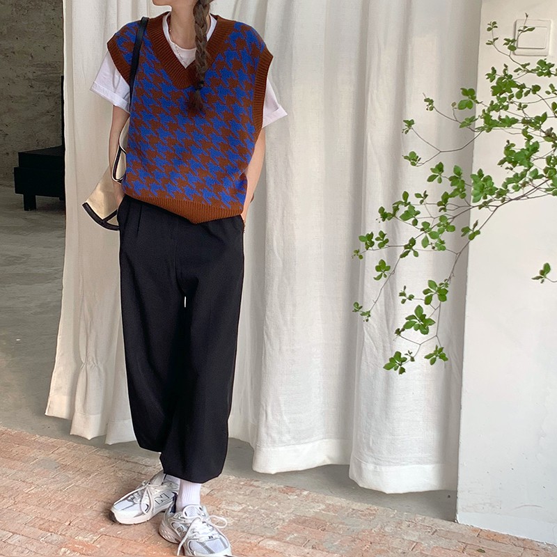 AL1_Áo Gile len họa tiết ziczac cổ V dáng rộng ulzzang | BigBuy360 - bigbuy360.vn