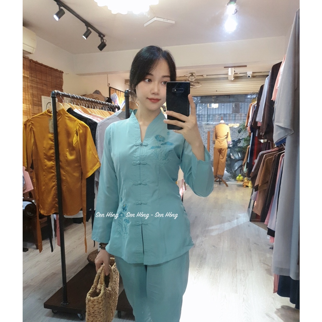 *️⃣ Bộ đồ lam Phật tử đi chùa - bà lai thêu hoa sen sắc nét vải kate loại 1 - Pháp Phục Sen Hồng mã B4