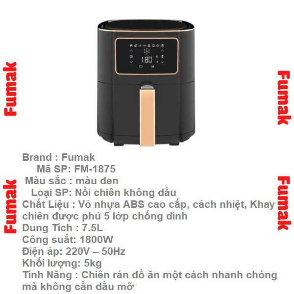 Nồi chiên không dầu Fumak FM-1875 Dung Tích 7.5L - Bảo Hành 18 tháng - Đổi lỗi trong 30 ngày