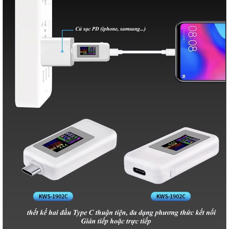 USB Test Sạc, Đo Nguồn Điện KWS-1902C - DC 4V- 30V / 5.1A Quick Charge 3.0- Cổng TypeC