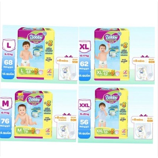 (Tặng thêm miếng) Bỉm - tã quần Bobby M74, L68, XL62, XXl56 (shop Chuongvang)