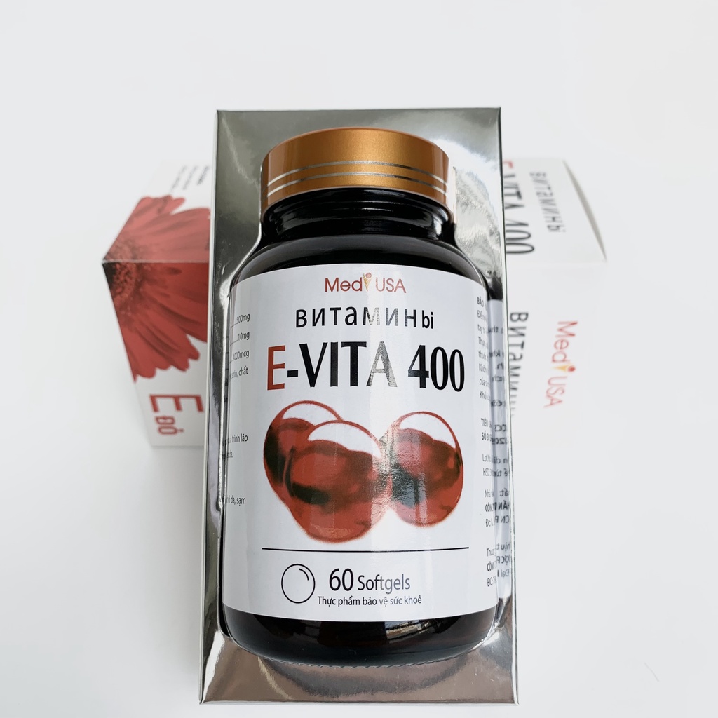 Vitamin E đỏ E-VITA 400 MED USA, giúp làm đẹp da, sáng da, chống oxy hóa, căn bằng nội tiết tố, hộp 60 viên