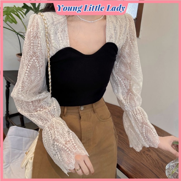 Áo Nữ Cổ Vuông Phối Ren Phong Cách Mùa Thu Pháp Mới