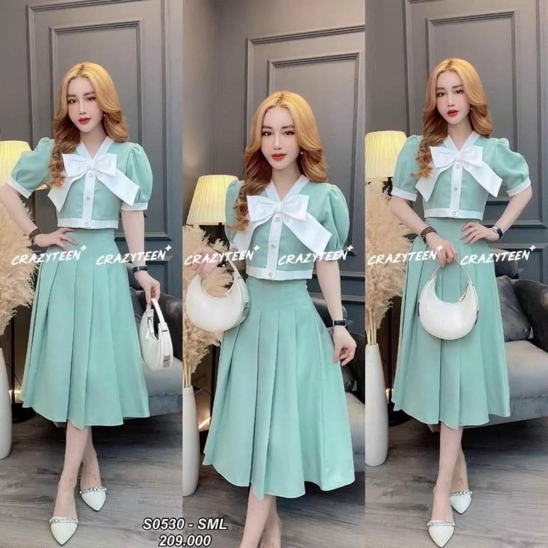 Sét Áo Cổ Bè Chân Váy Xếp Ly Kèm Dây Siêu HOT UP Valetina Shop