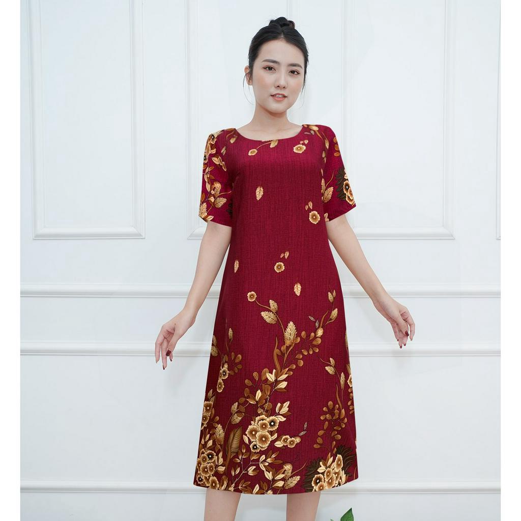 GOTI – Đầm Dáng Suông Trung Niên Dự Tiệc Cao Cấp Vải Lụa In Hoa Sen  Mềm Mịn Cho Mẹ U40 U50 3374 3347 3345