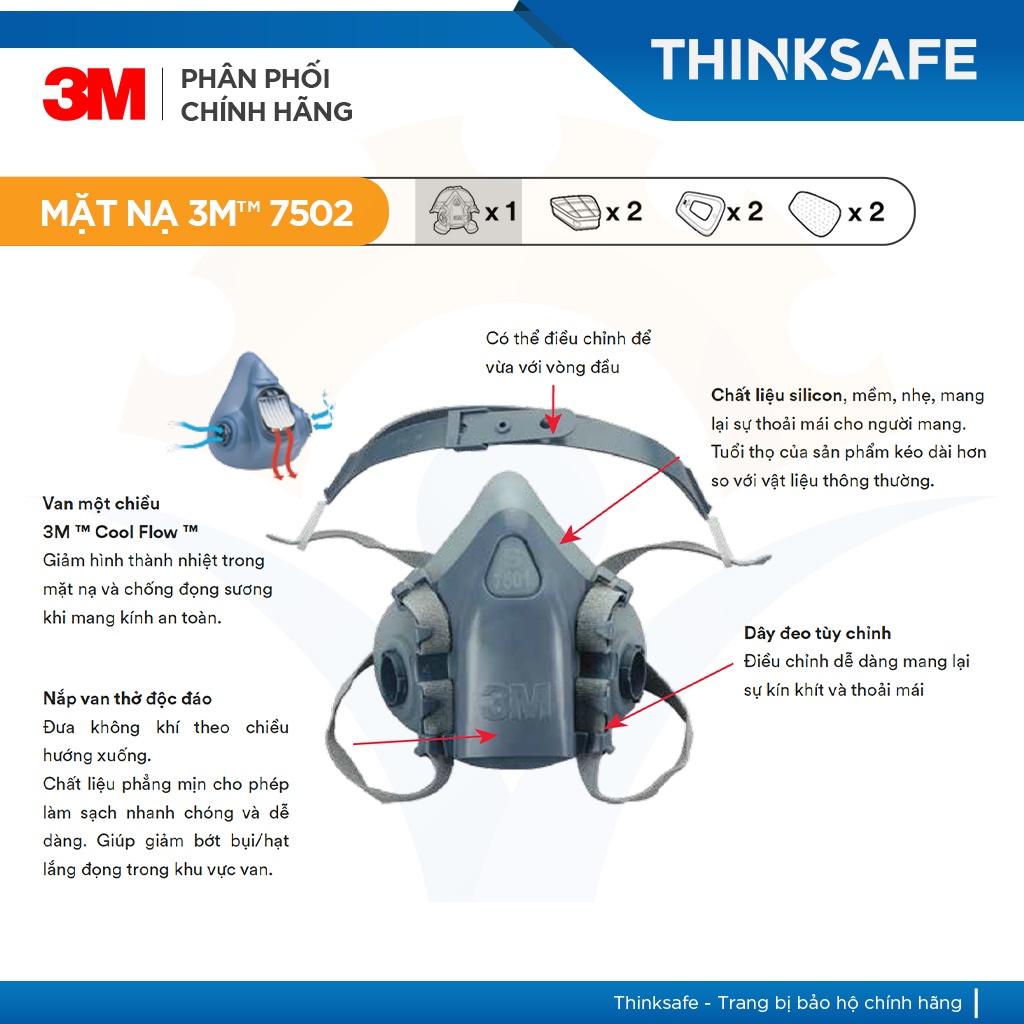 Mặt nạ phòng độc 3M 7502 / 6001 chính hãng chống hoá chất, phòng độc, phòng dịch, phun sơn bụi mịn - THINKSAFE