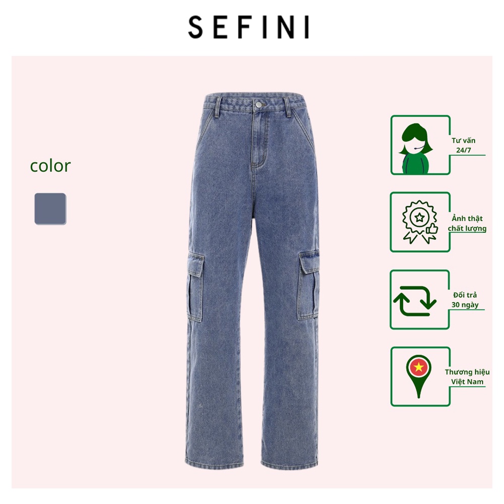 Quần jean cá tính SEFINI (màu xanh), casual, dáng dài 100cm, cạp cao, form rộng, túi hộp bên năng động