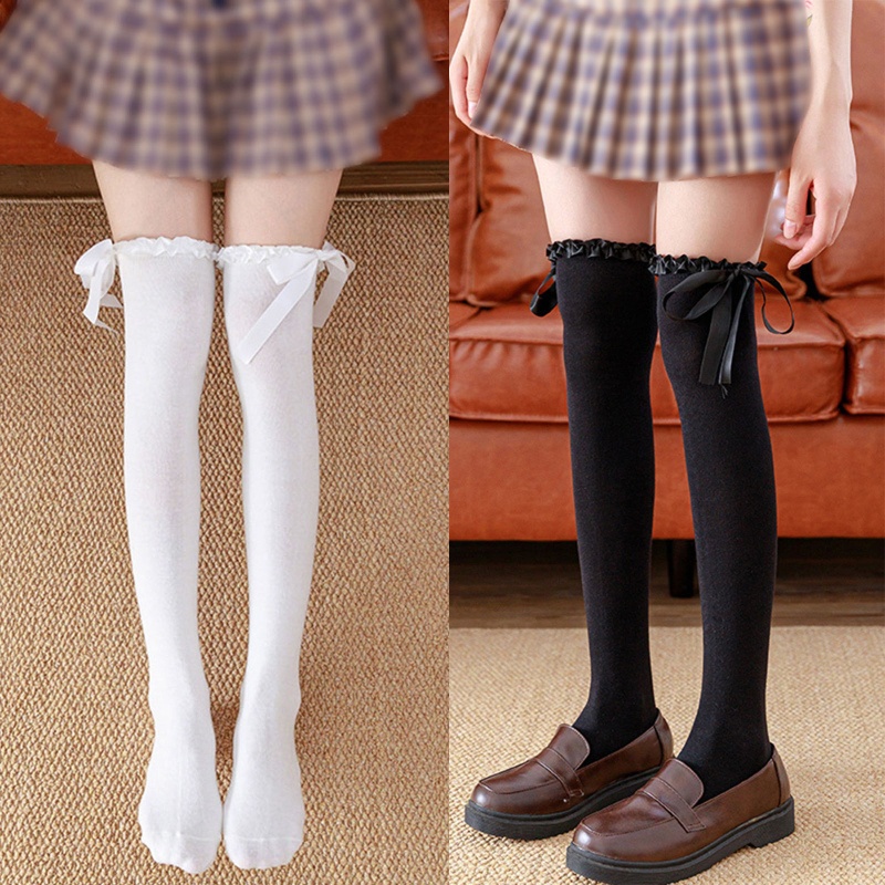 Tất cao đến đùi bằng Satin có diềm xếp nếp đính nơ ruy băng phong cách Lolita Harajuku cho nữ dùng Cosplay