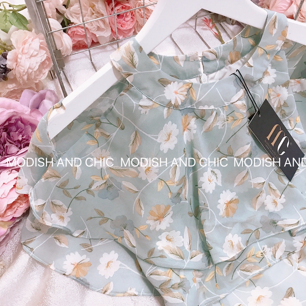 V093 váy voan hoa xanh hở vai  - MC phân phối chính thức
