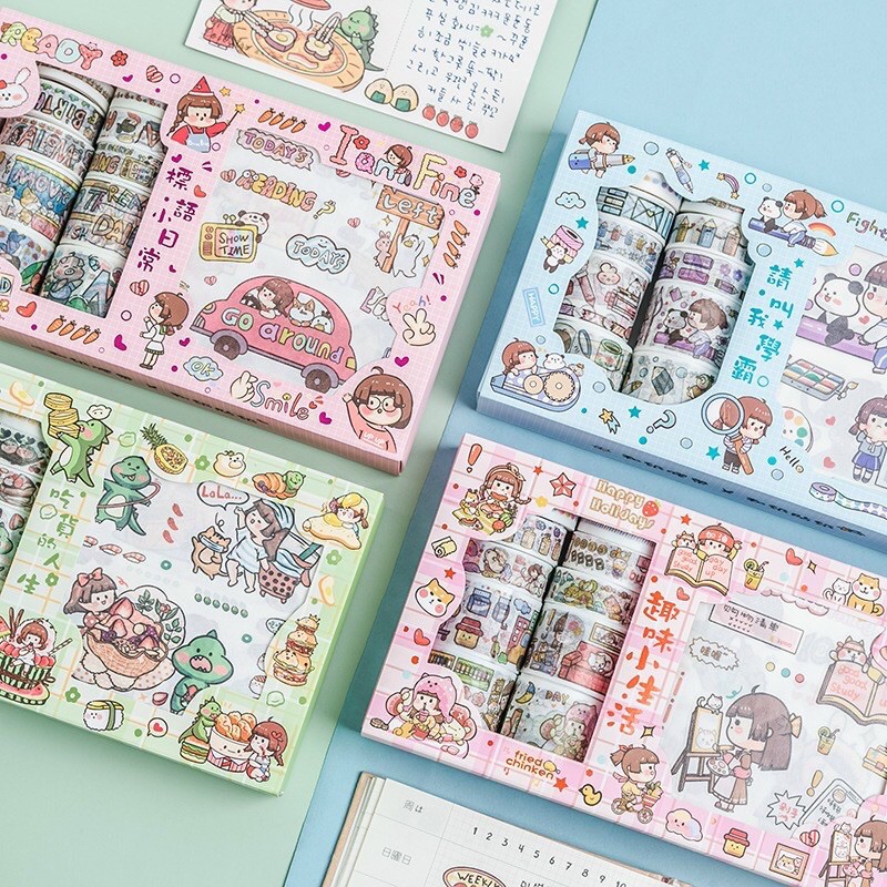 Hộp 10 cuộn washi tape và 10 tờ sticker