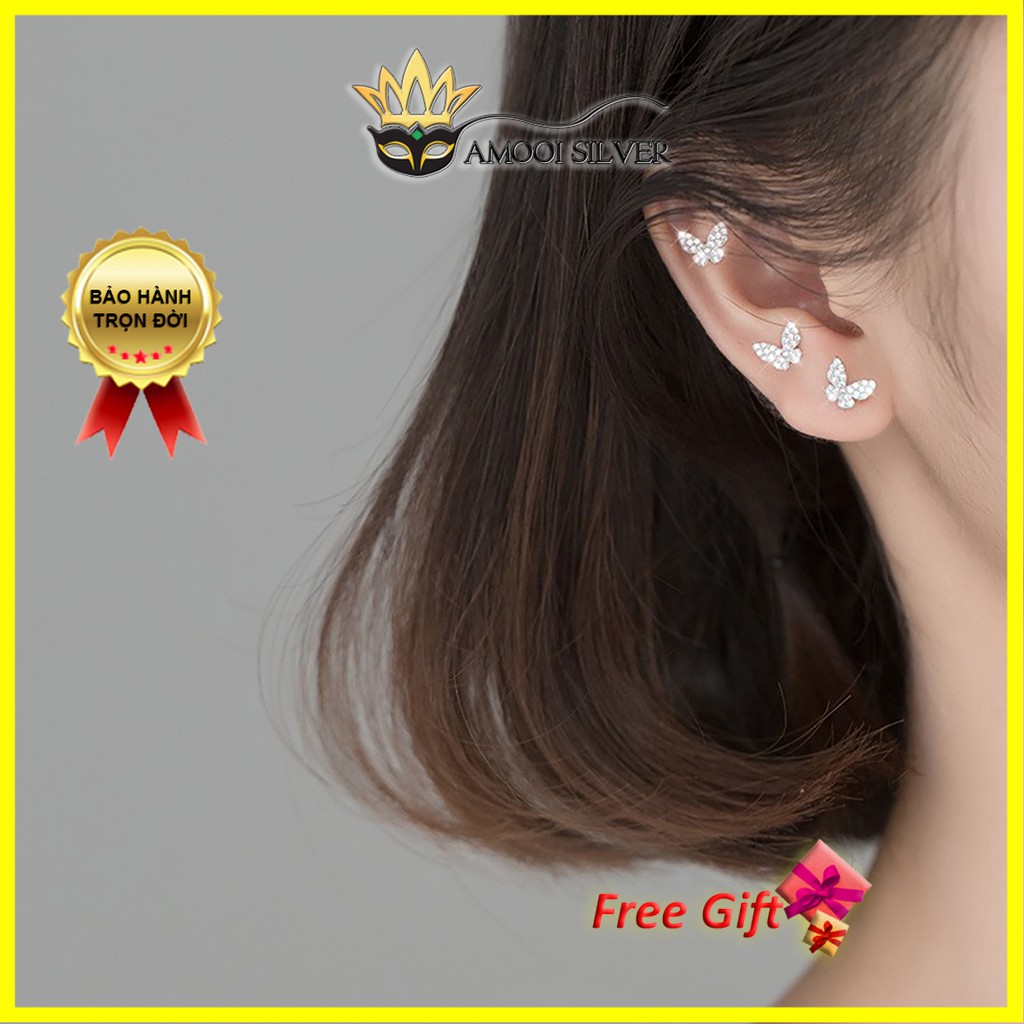 Bông tai bạc S925 bướm nạm đá CZ - Amooi Silver AB162