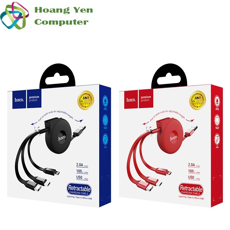 Cáp Sạc 3 Đầu Dây Rút Hoco U50 IP- Micro Usb-Type C 1M-BH 6 Tháng 1 đổi 1 (MÀU SẮC NGẪU NHIÊN)