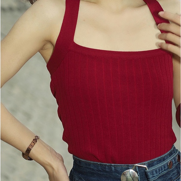 Áo Hai Dây Dệt Kim Màu Đỏ Phong Cách Retro Thời Trang Mùa Hè Cho Nữ