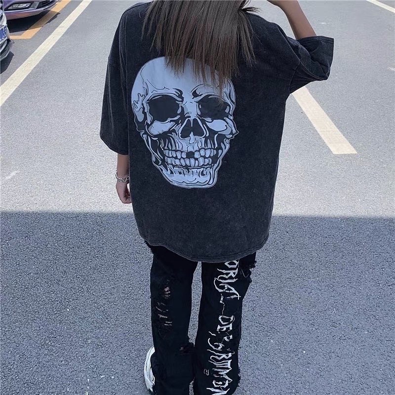 Áo phông hoạ tiết đầu lâu vải wash