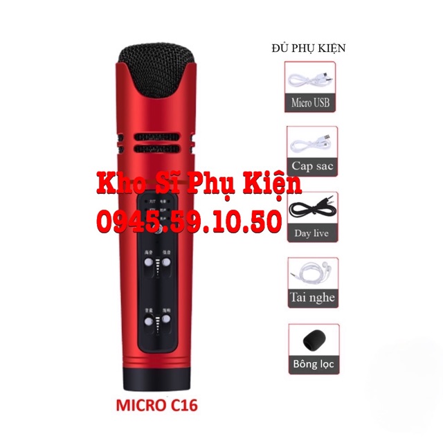 Micro C16 Livestream, Hát Karaoke Tích Hợp Soundcard - Loại 1, Chữ tiếng Anh, 6 Chế Độ Âm Thanh