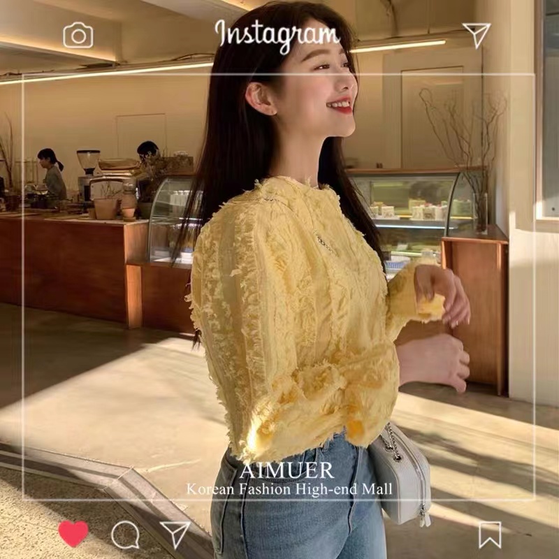 Áo Kiểu Tay Dài Cổ Tròn Màu Vàng Sang Trọng Thiết Kế Mới Mùa Xuân Cho Nữ 2022