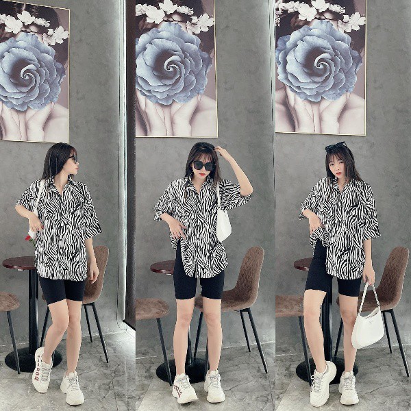 Set Áo sơ mi nữ họa tiết da beo, ngựa vằn + quần short ngố,Có size to XL (Size S M L XL)