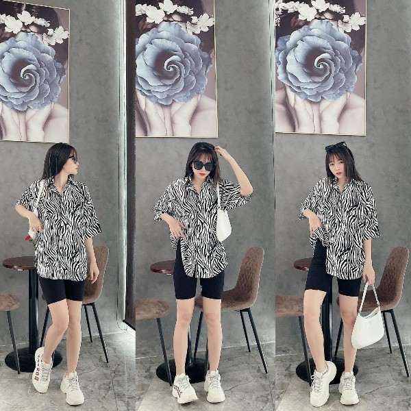 Set Áo sơ mi nữ họa tiết da beo, ngựa vằn + quần short ngố,Có size to XL (Size S M L XL) | BigBuy360 - bigbuy360.vn