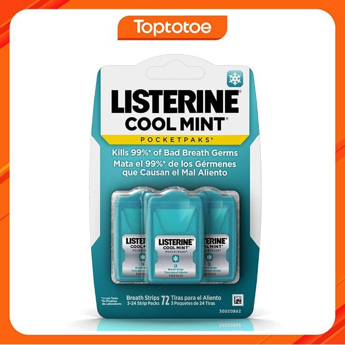 Miếng Ngậm Thơm Listerine Cool Mint Pocketpaks Breath Strips 24 Strip Pack, 3 Pack