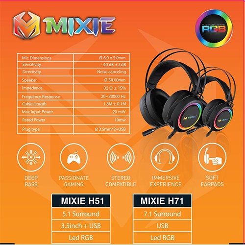 Tai nghe máy tính MIXIE H51 Âm Thanh 5.1 Led RGB Jack 3.5 + USB