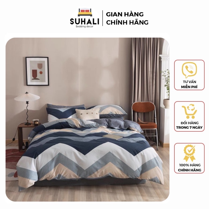 Bộ chăn ga gối 4 món cotton 100%, hoạ tiết kẻ dễ dùng, set vỏ chăn, ga giường, vỏ gối nằm cotton living SUHALI