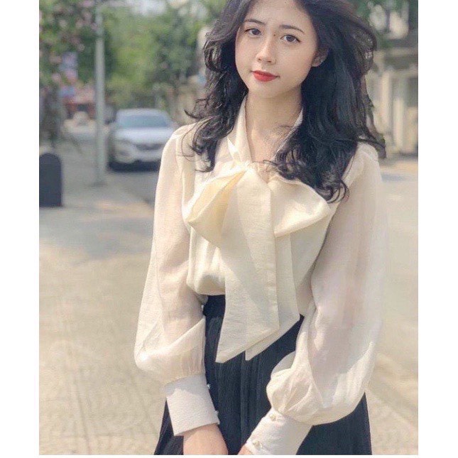 Áo sơ mi nơ cổ bèo Crotop , Áo Sơ Mi Dáng Ngắn Cách Điệu