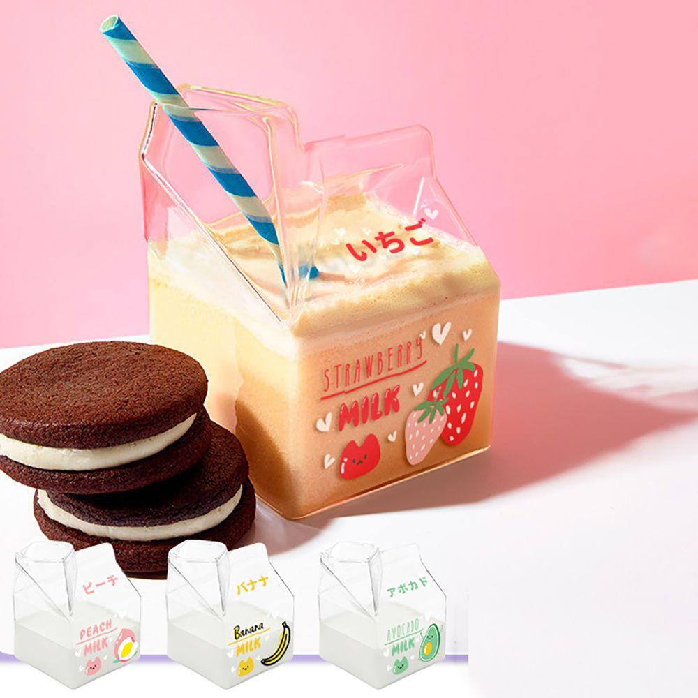 Bình Đựng Nước Thủy Tinh Chịu Nhiệt Hình Vuông 380ml Họa Tiết Dễ Thương Dùng Được Trong Lò Vi Sóng