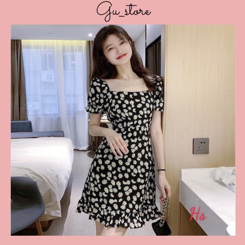 (Ảnh thật)Váy Đen Cổ Vuông Hoa Cúc Trắng tay Bồng Đáng Yêu GU Store