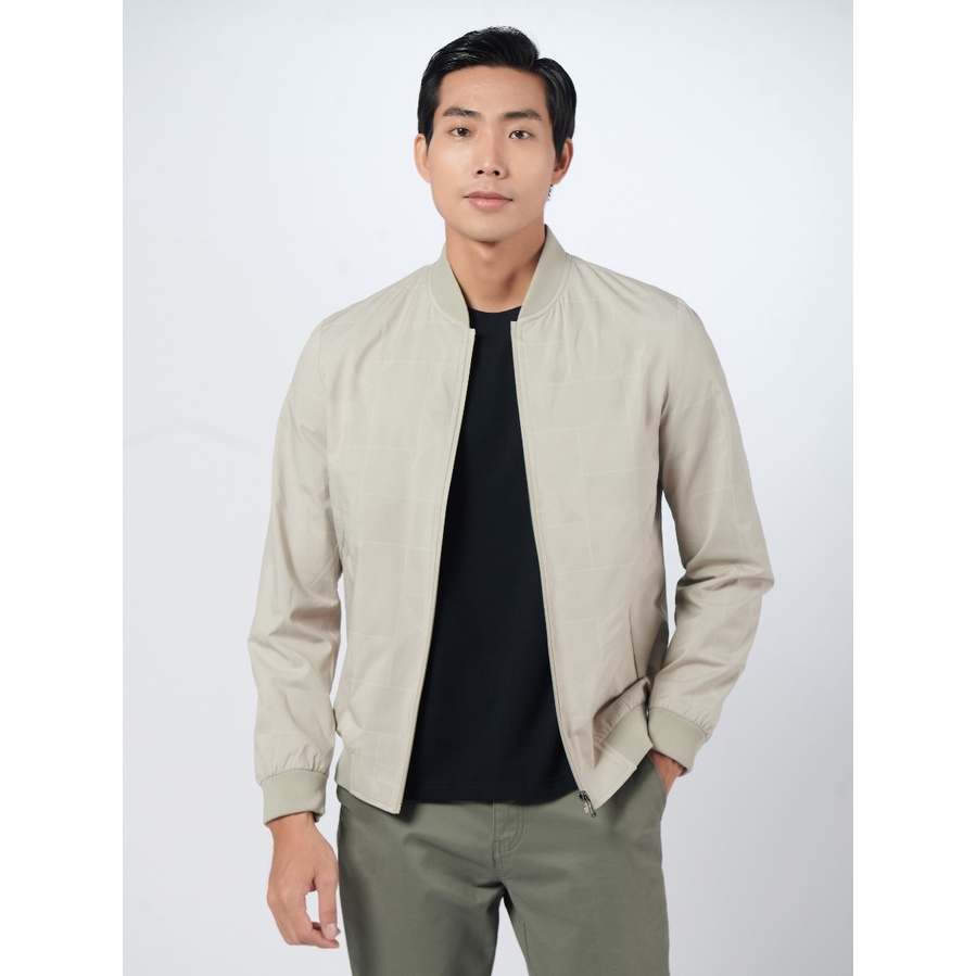 Áo khoác bomber nam Owen JK220717 jacket nhẹ 2 lớp màu be kẻ chìm vải polyester cao cấp dáng suông bo cổ tay và gấu