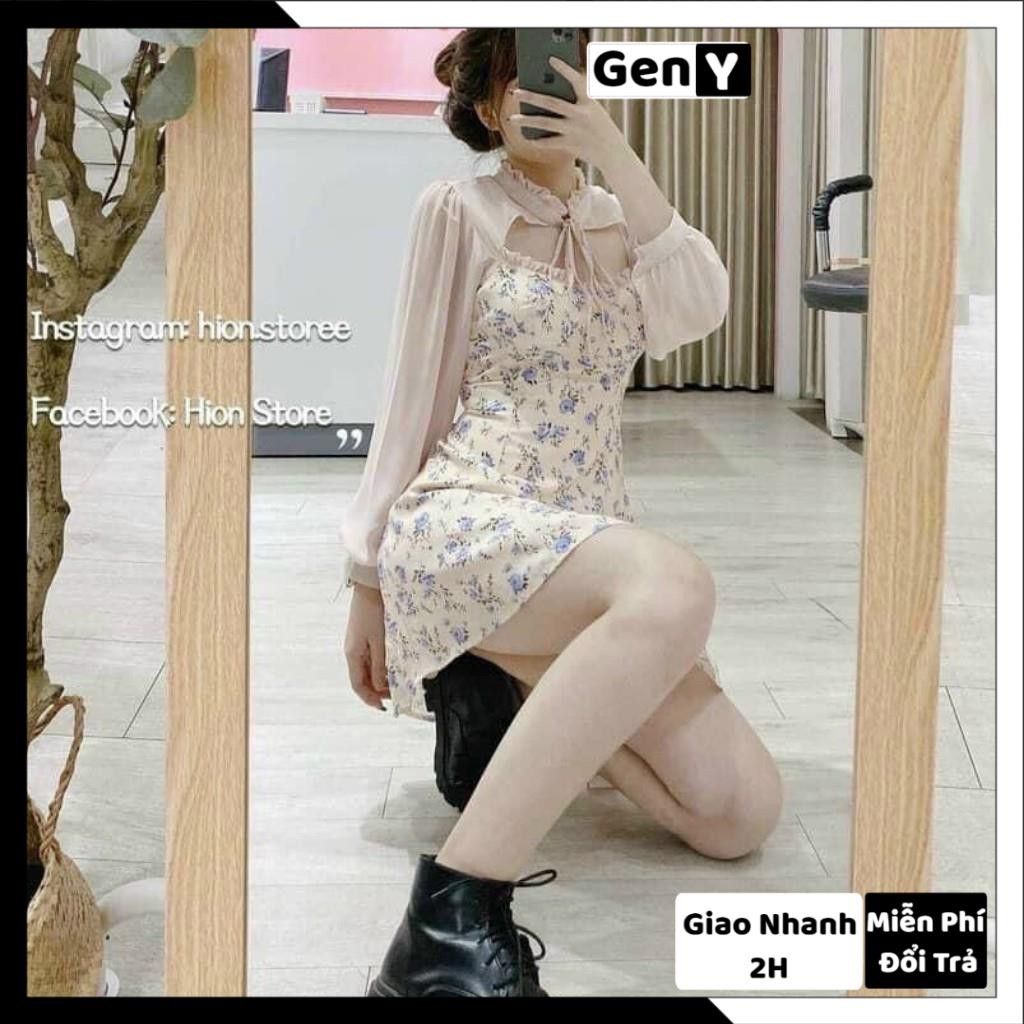 Đầm Dáng Xoè hoa nhí nữ GenY Váy tiểu thư phối cổ và tay voan phong cách ulzzang cực kỳ hot
