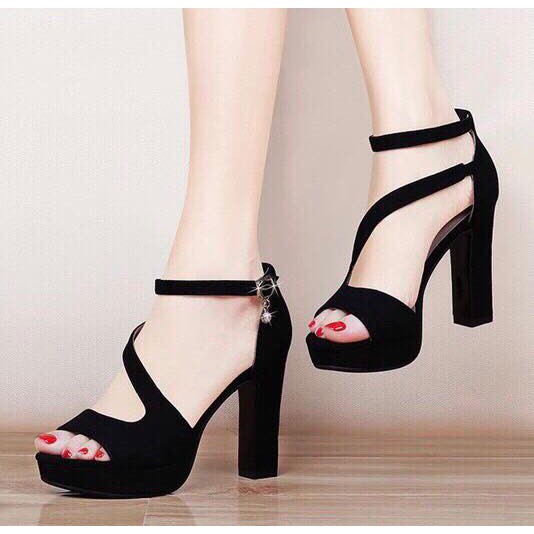 Giày Cao Gót 12 Phân Đế Vuông Quai Đan Chéo