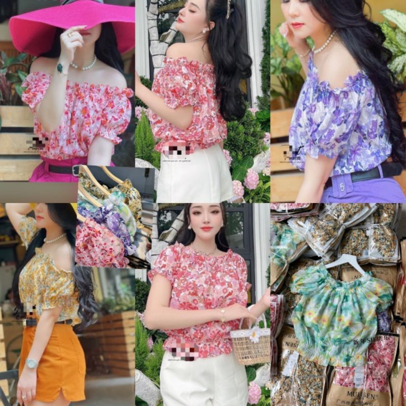 Sẵn xả kho Áo trễ vai hoa nhí bo chun bánh bèo chun ngực