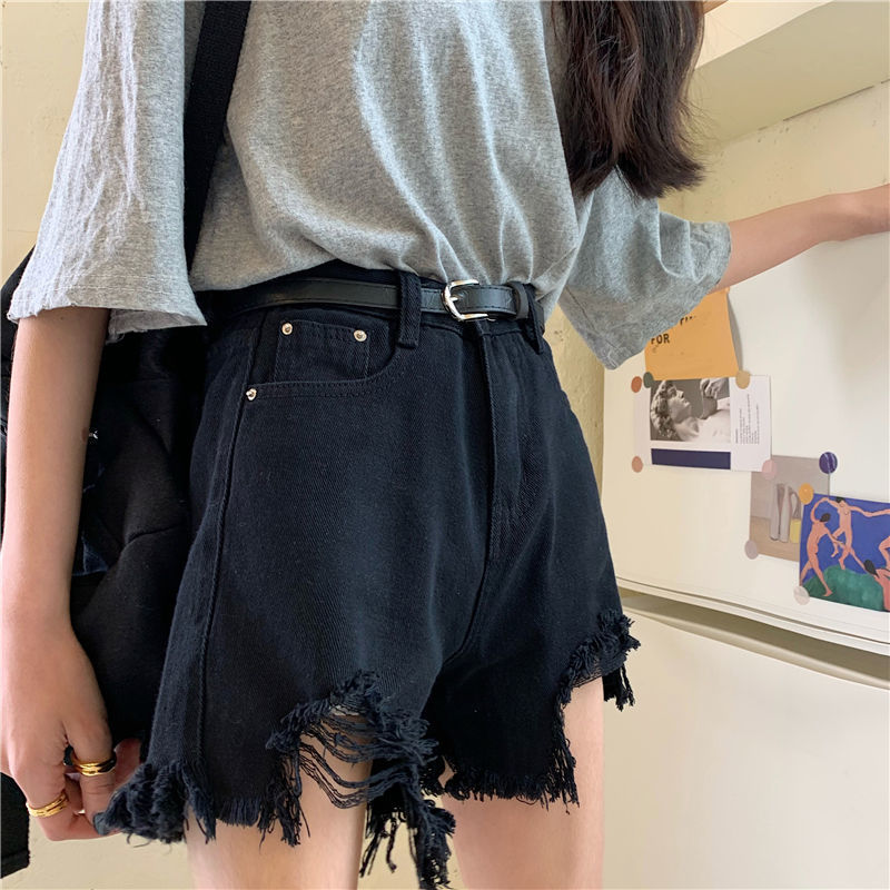 Quần Short Jeans Lưng Cao Ống Rộng Tua Rua