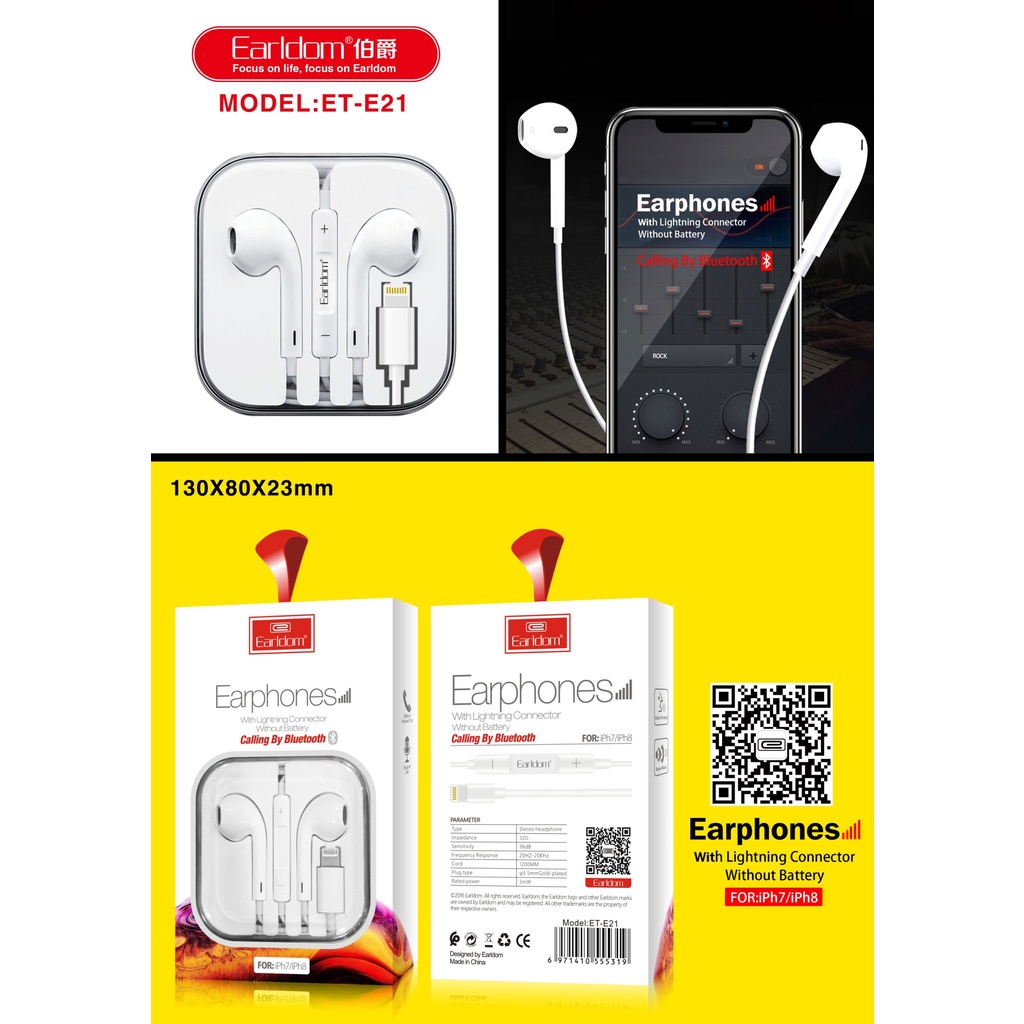 Tai Nghe IP Earldom E21 Với Chân Cắm Lightning Dành Cho Ip Thiết Kế Trẻ Trung Âm Thanh Rất Tốt