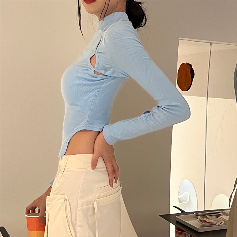 DUNEA Áo Croptop Tay Dài Cổ Cao Thiết Kế Màu Trơn Thanh Lịch