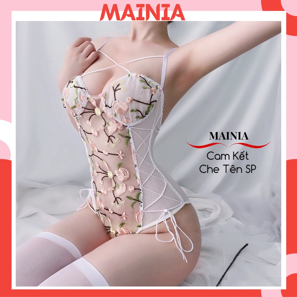 Bộ Đồ Ngủ Bodysuit Ren Hoa Thêu Nền Màu Trắng Hoa Hồng Bộ Đồ Lót Sexy Gợi Cảm Cao Cấp Mainia Shop