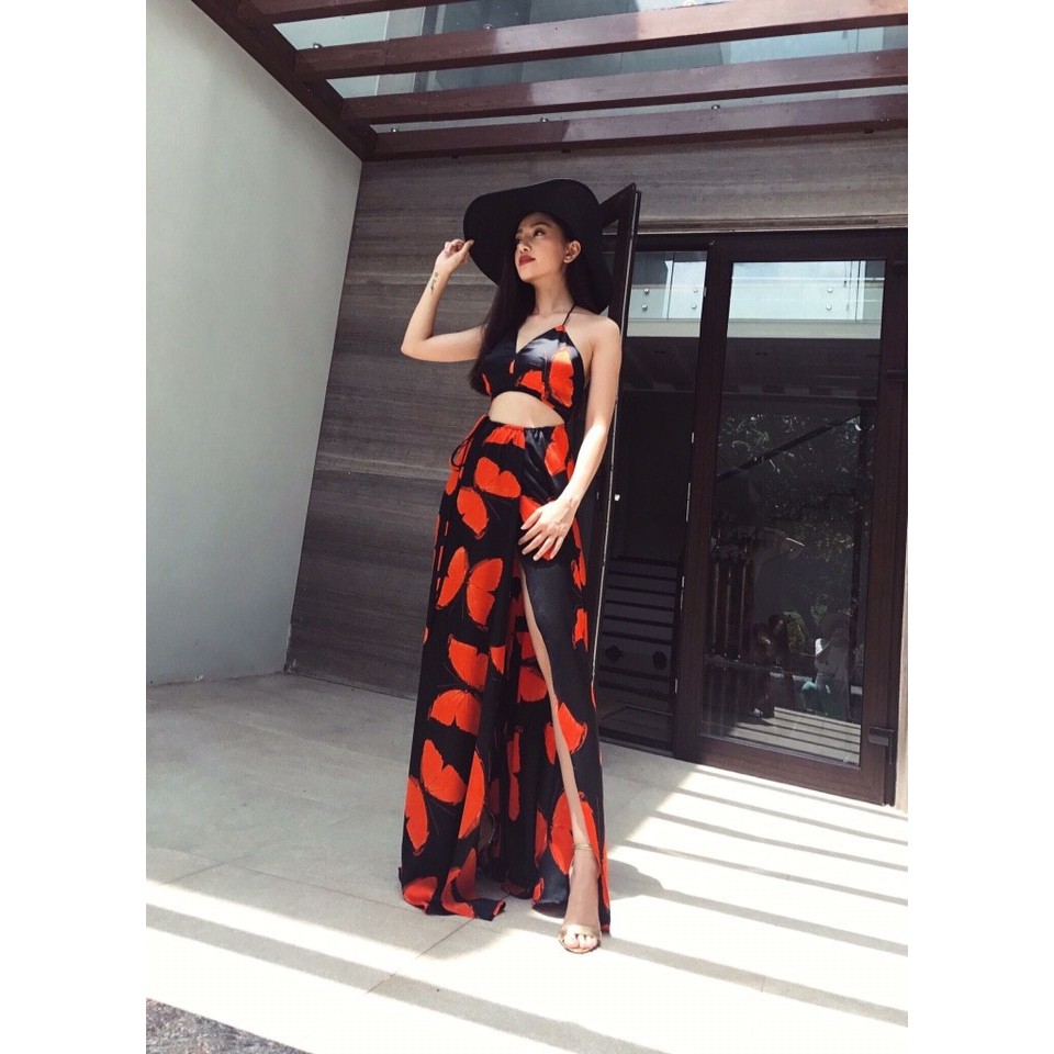 Set đen bướm đỏ bra + chân váy maxi xẻ tà siêu sang