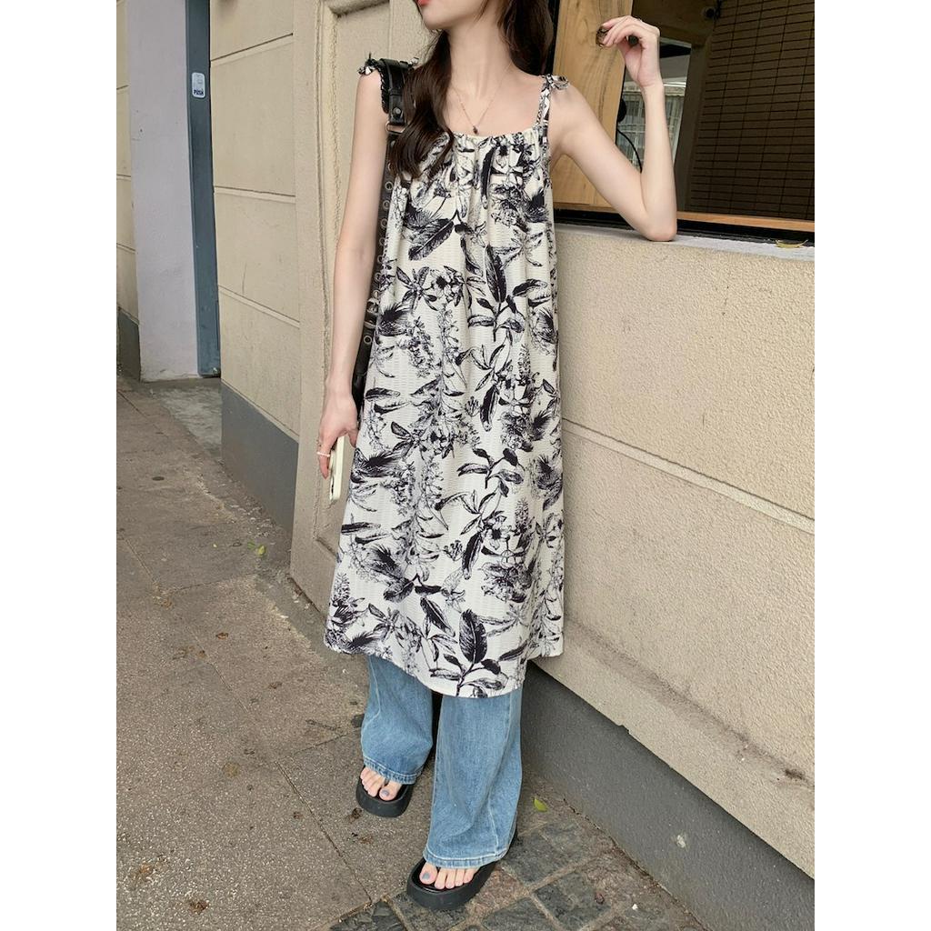 Đầm Hai Dây Xếp Ly In Họa Tiết Phong Cách Retro Hàn Quốc 63070