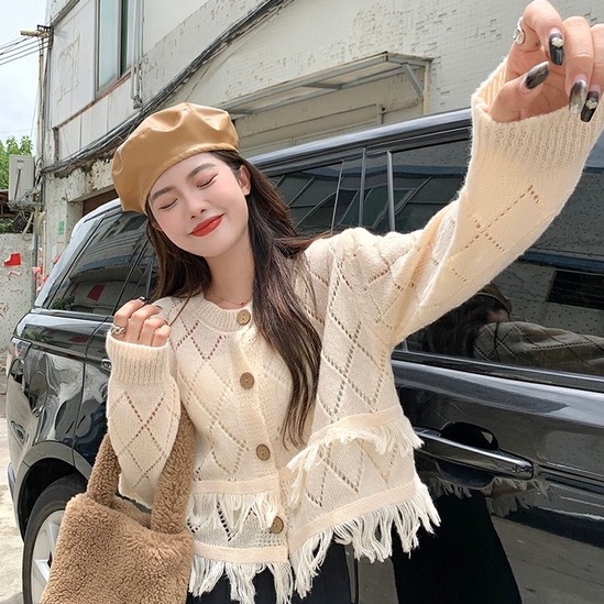 Áo cardigan ZHELIHANGFEI dệt kim tay dài lưng cao phối tua rua dễ phối đồ cho nữ