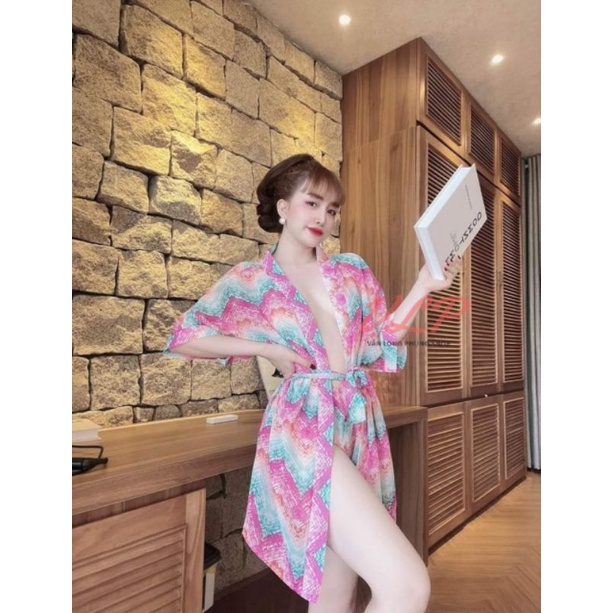 [BIGSIZE_65KG]_DN109_Set áo choàng ngủ chiffon hoa nẹp viền tay ngắn