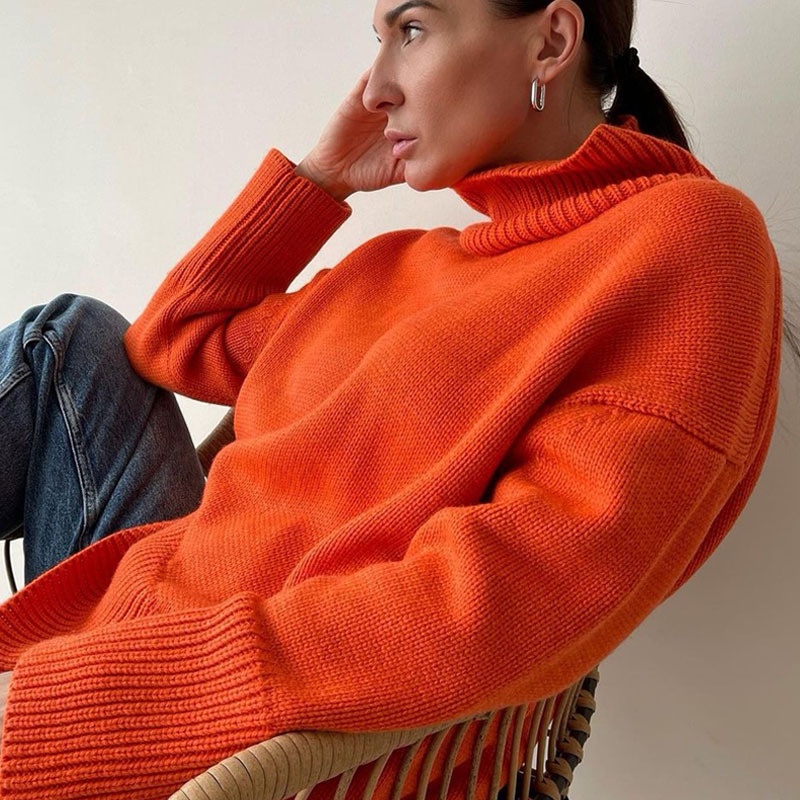 DUNEA Áo len cổ lọ tay dài màu sắc đơn giản dành cho nữ