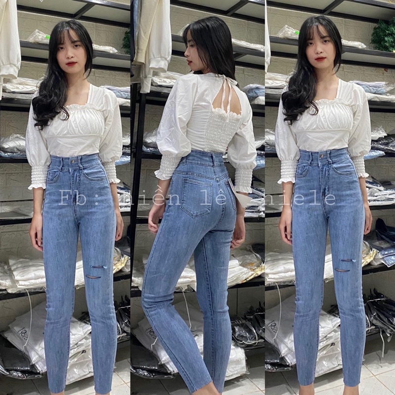 Set jeans dài co giãn rách 2line + áo kiểu cổ vuông tay túm