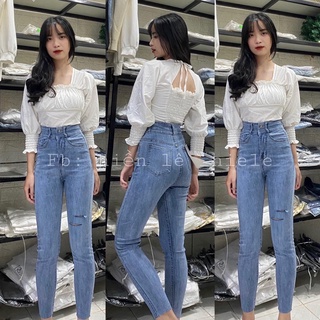 Set jeans dài co giãn rách 2line + áo kiểu cổ vuông tay túm