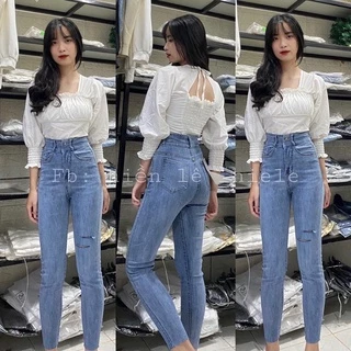 Set jeans dài co giãn rách 2line + áo kiểu cổ vuông tay túm