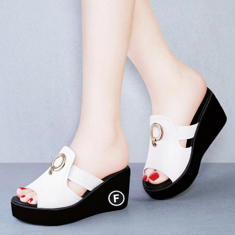 DÉP ĐẾ XUỒNG NỮ SIÊU XINH PHỐI KHÓA KIM LOẠI DA MỀM CAO CẤP - GIÀY NỮ CAO 7CM 2 MÀU ĐEN, TRẮNG ( chuẩn form y hình )